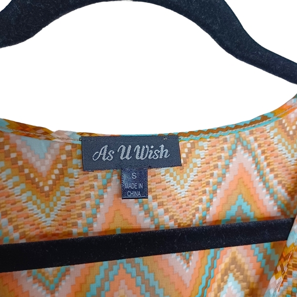 AS U WISH Colorful Chevron Stripe Print Brown Blue Smocked Dress Small NWT - Picture 3 of 11